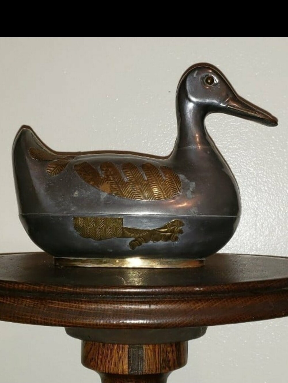 Vintage MCM Pewter & Brass Lidded Metal Duck  Container